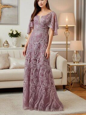 NEW SHORT SLEEVE A LINE EMBROIDERED FORMAL MOTHER OF THE BRIDE GROOM PARTY GOWN